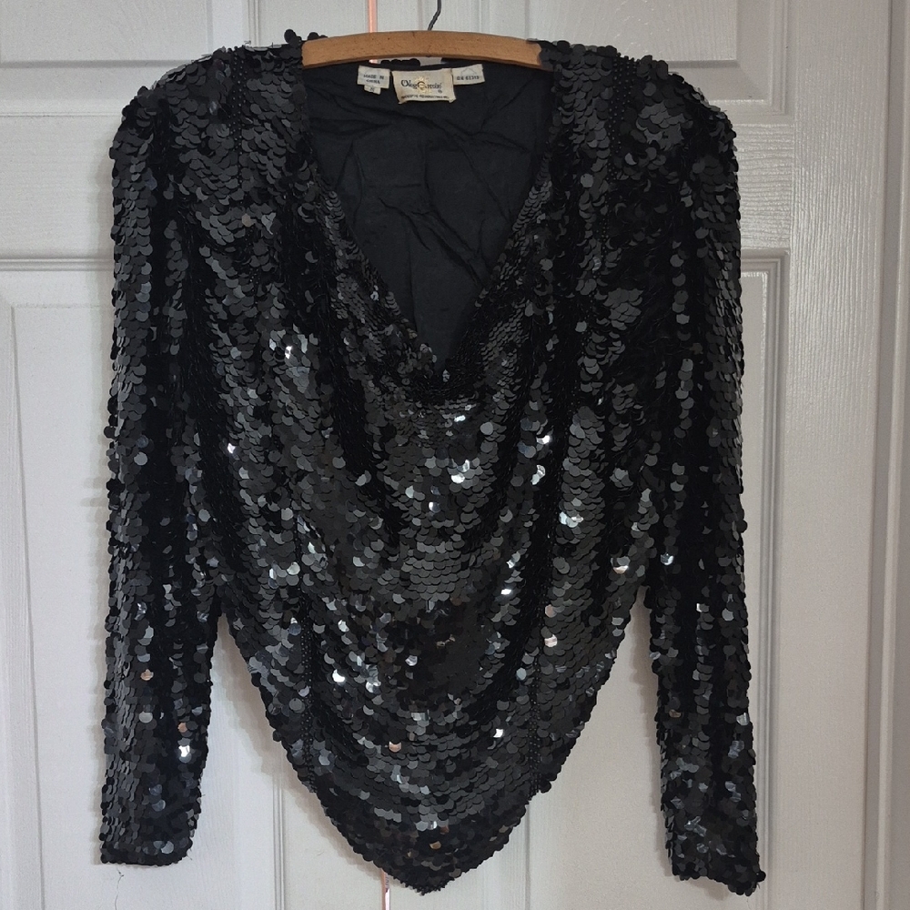 Vintage OLEG CASSINI Embellished Silk Blouse S Sequin Beaded Draped Party Top